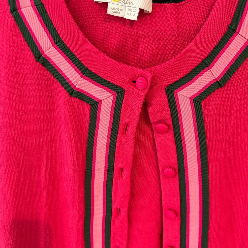 Boden brand pink cardigan with piping in beautiful green and pink ribbon